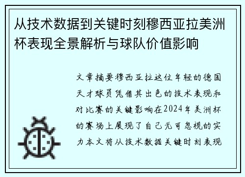 从技术数据到关键时刻穆西亚拉美洲杯表现全景解析与球队价值影响