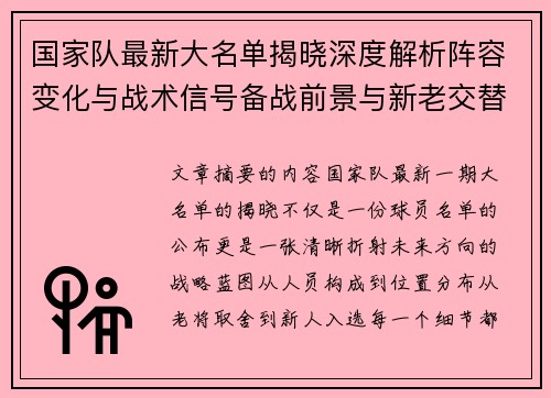 国家队最新大名单揭晓深度解析阵容变化与战术信号备战前景与新老交替走向